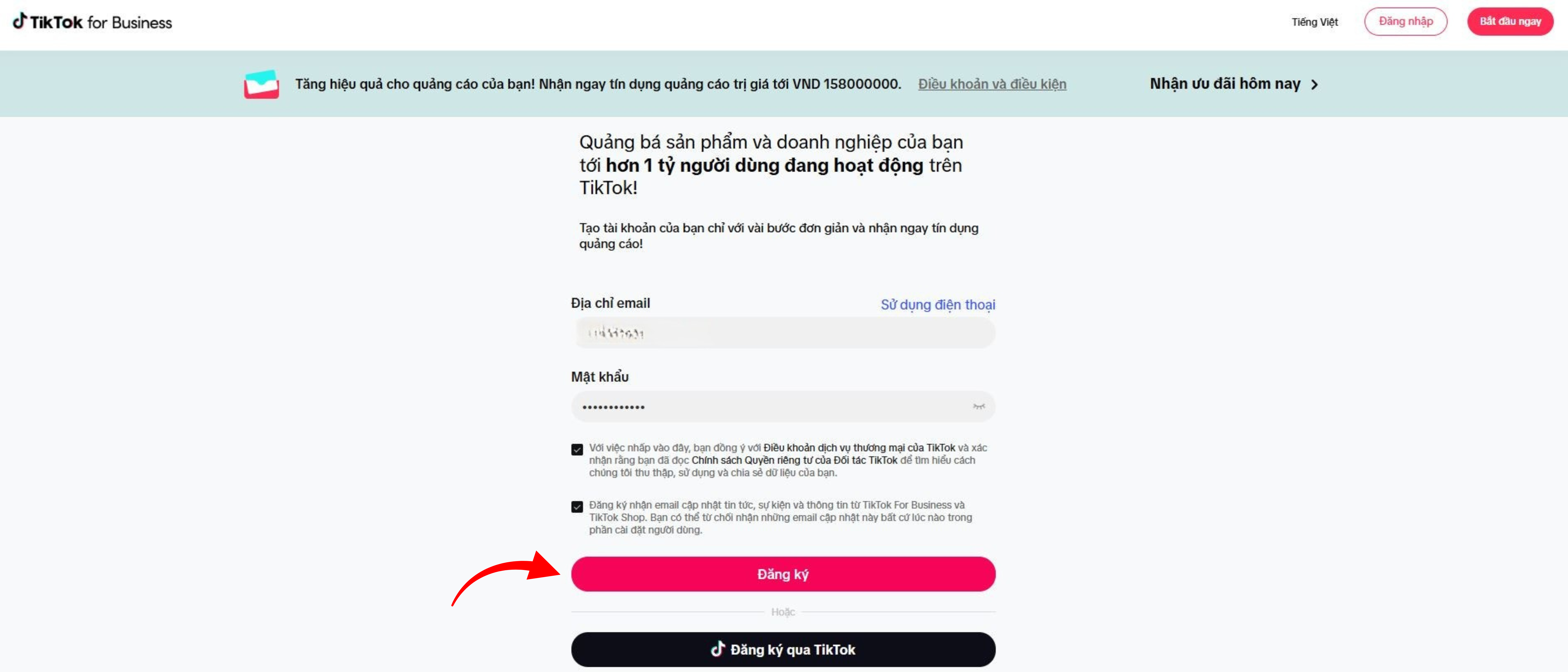 Trang đăng ký TikTok Ads - điền thông tin tài khoản